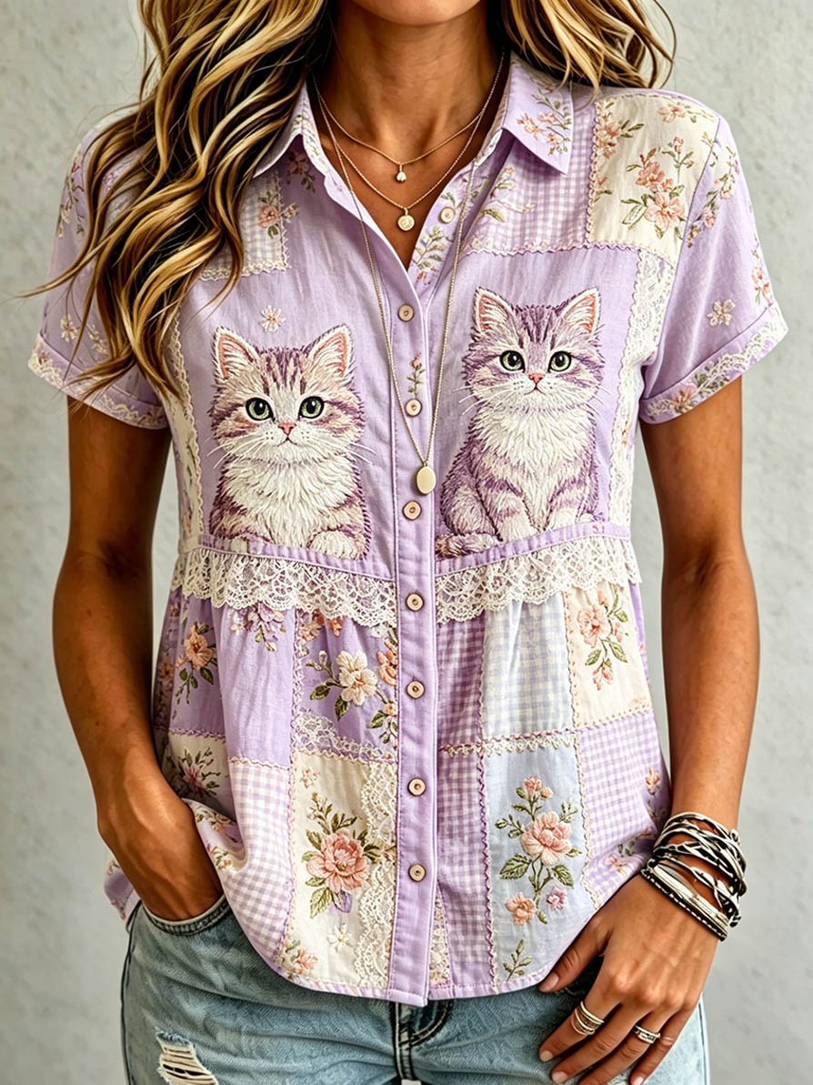 🐱Women's Casual Cat Floral Print Shirt💛100% For Shelter Pets🐱🐶
