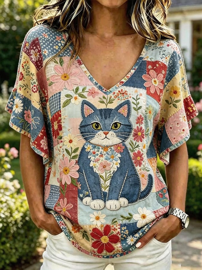 🐱Women's Cat and Floral Print V-Neck Casual T-Shirt💛100% For Shelter Pets🐱🐶