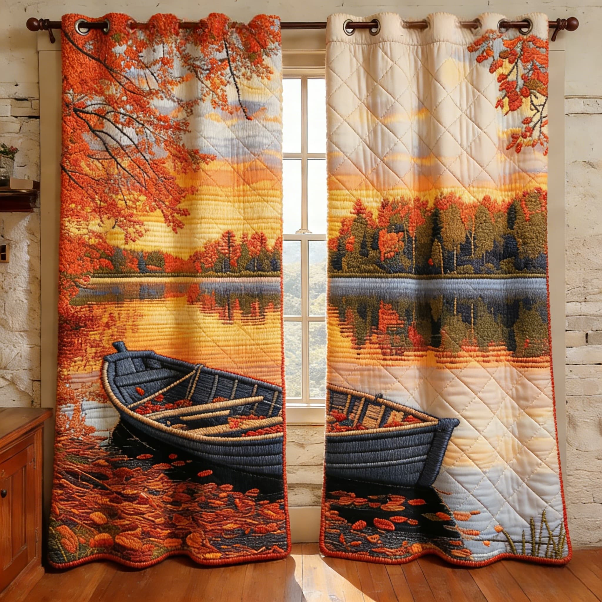 Autumn Lake & Rowboat Embroidered Knitwear Quilted Curtains