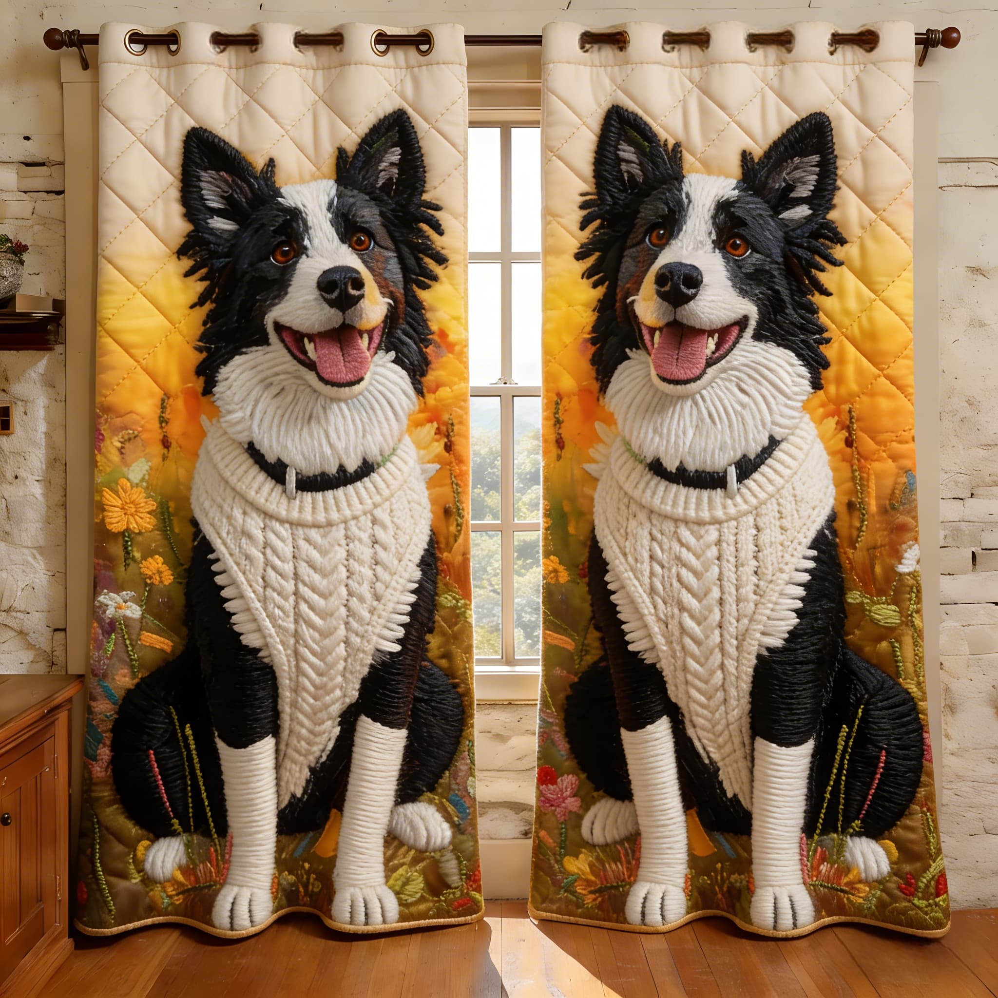 Cheerful Border Collie & Floral Meadow Embroidered Knitwear Quilted Curtains