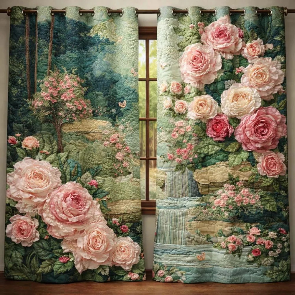 Garden Roses & Waterfall Landscape Embroidered Knitwear Quilted Curtains