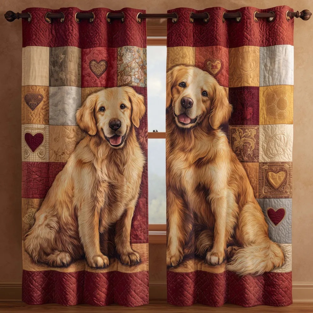 Golden Retriever & Patchwork Heart Embroidered Knitwear Quilted Curtains
