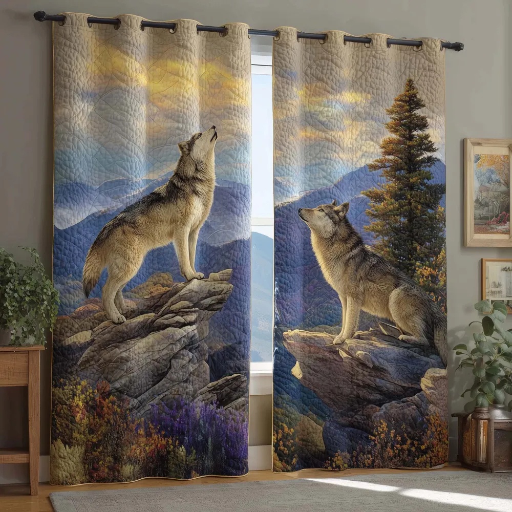 Howling Wolves & Mountain Landscape Embroidered Knitwear Quilted Curtains