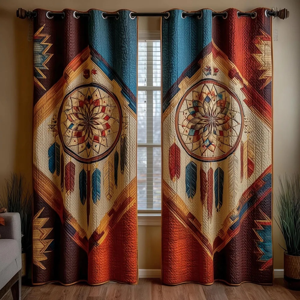 Southwestern Style Dreamcatcher & Feather Embroidered Knitwear Quilted Curtains