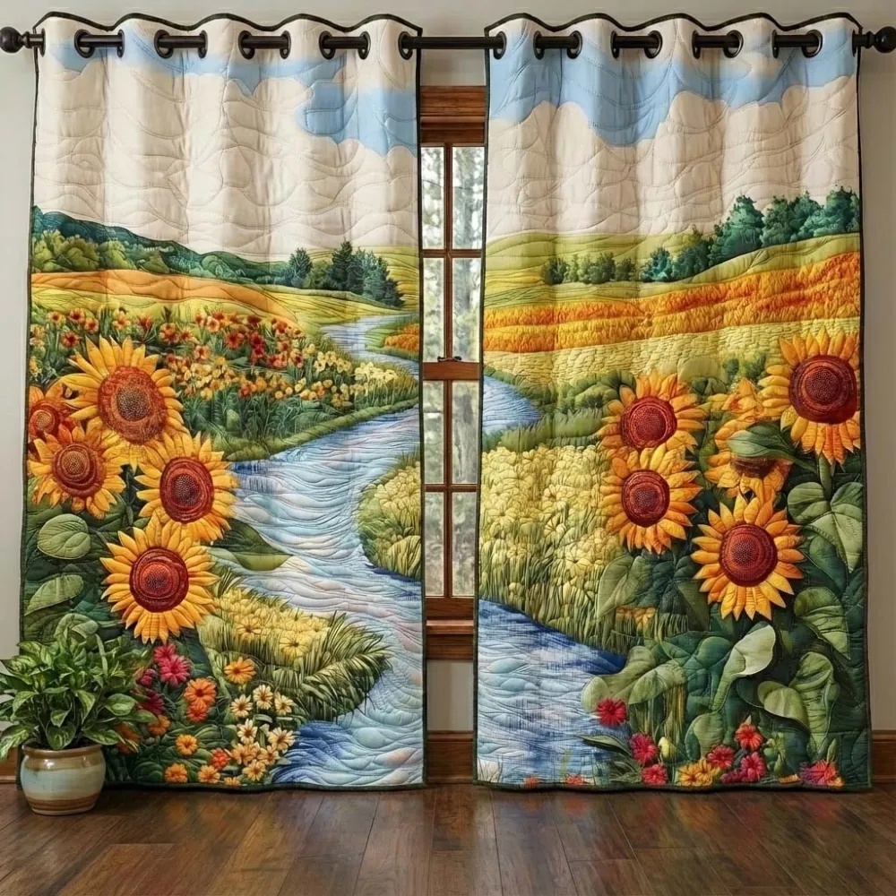 Sunflower Field & Stream Landscape Embroidered Knitwear Quilted Curtains