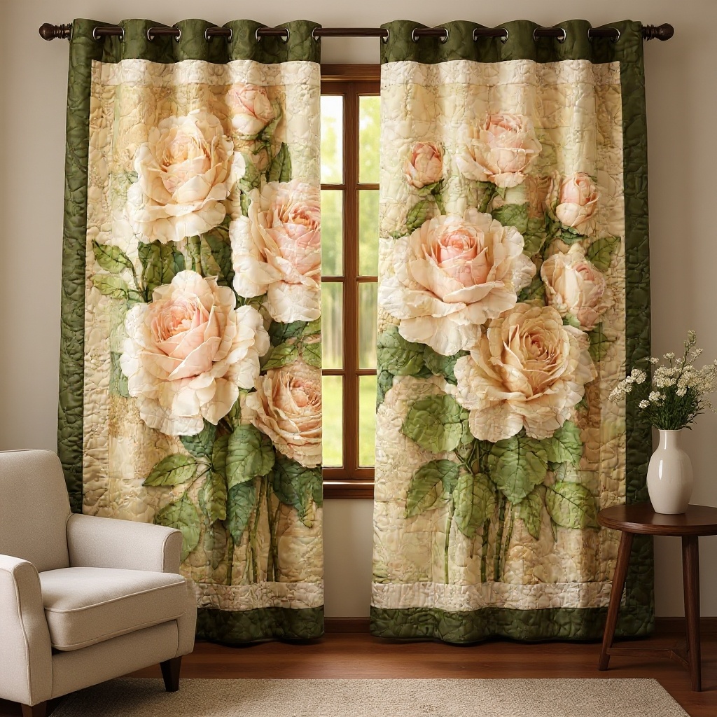 Vintage Peach Roses & Green Patchwork Embroidered Knitwear Quilted Curtains