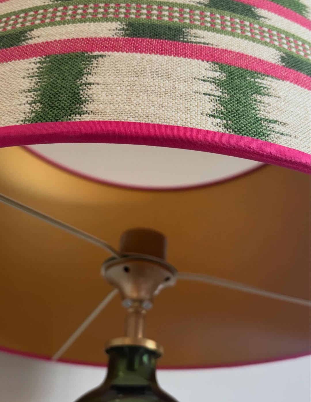 Olive Green Bubble Glass Table Lamp with Pink & Green Ikat Stripe Shade