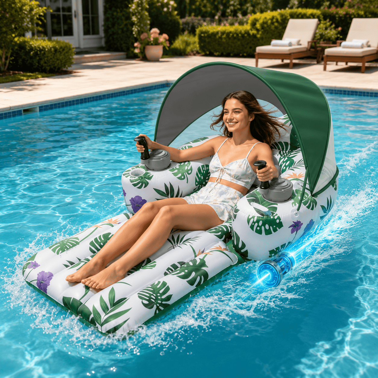 Motorized Inflatable Pool Float with UPF50+ Sun Canopy