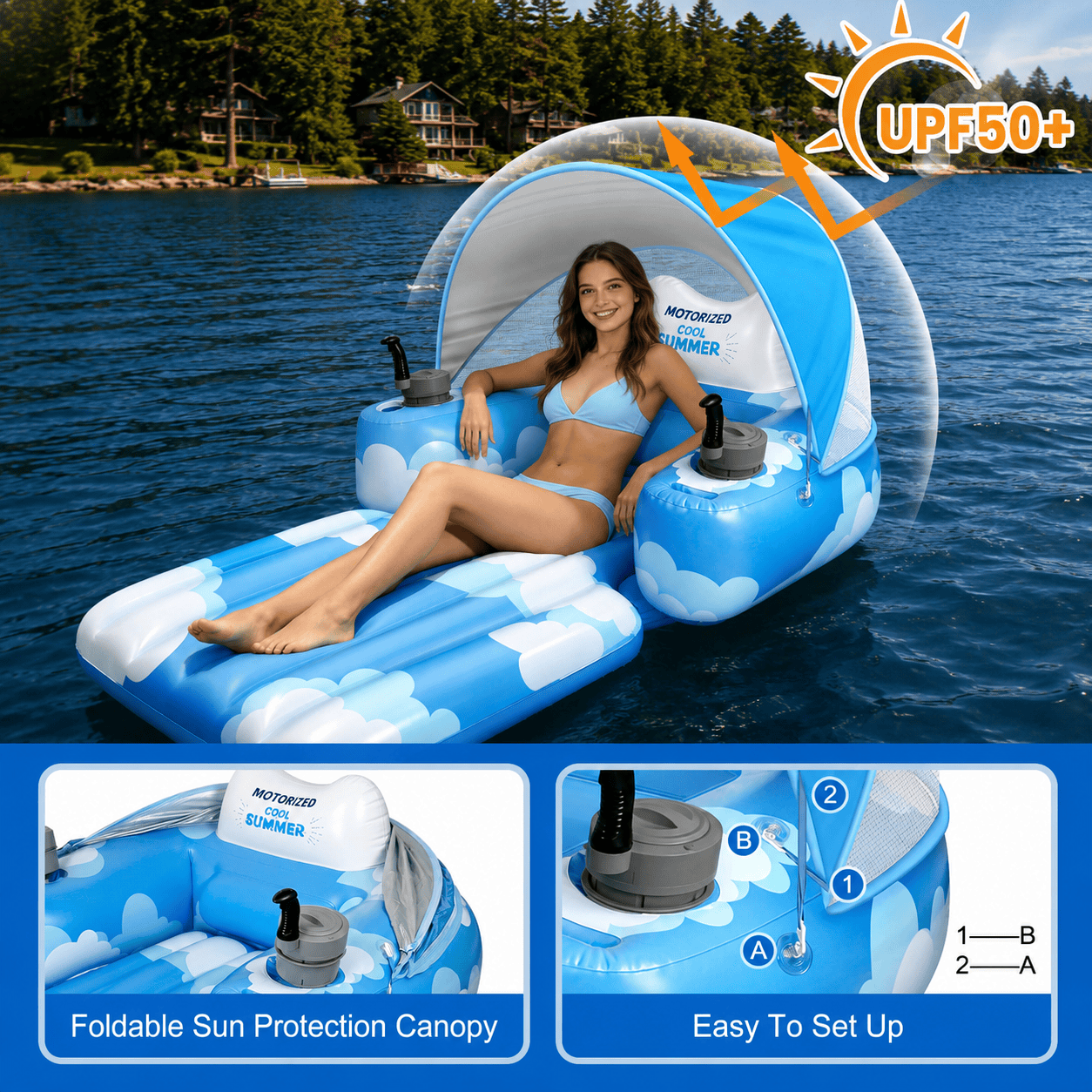 Motorized Inflatable Pool Float with UPF50+ Sun Canopy