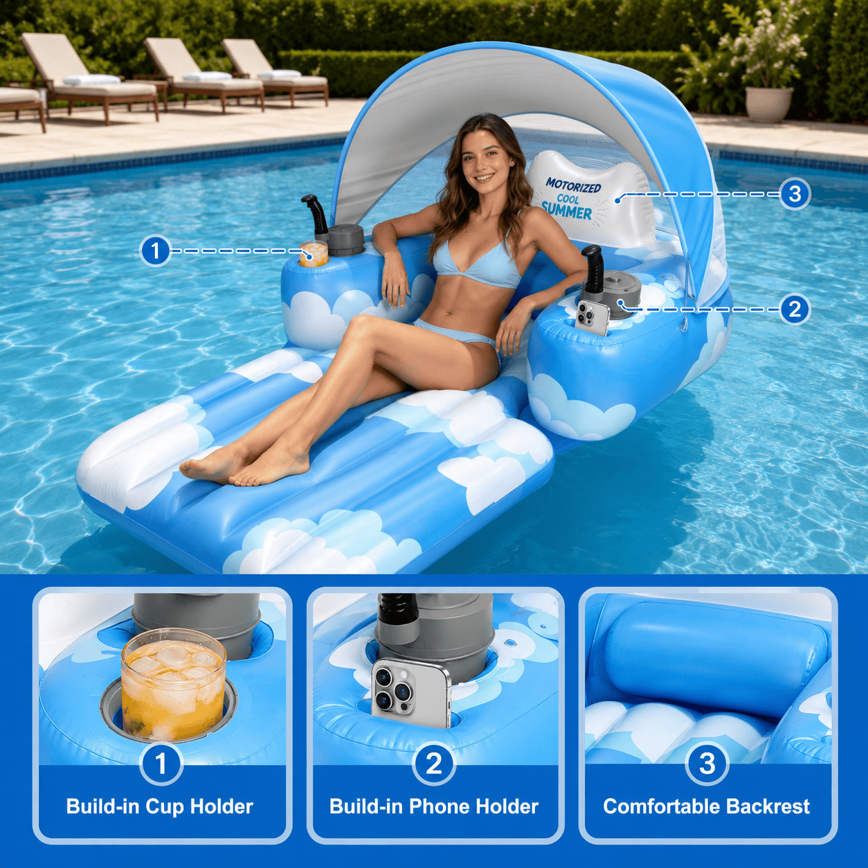 Motorized Inflatable Pool Float with UPF50+ Sun Canopy