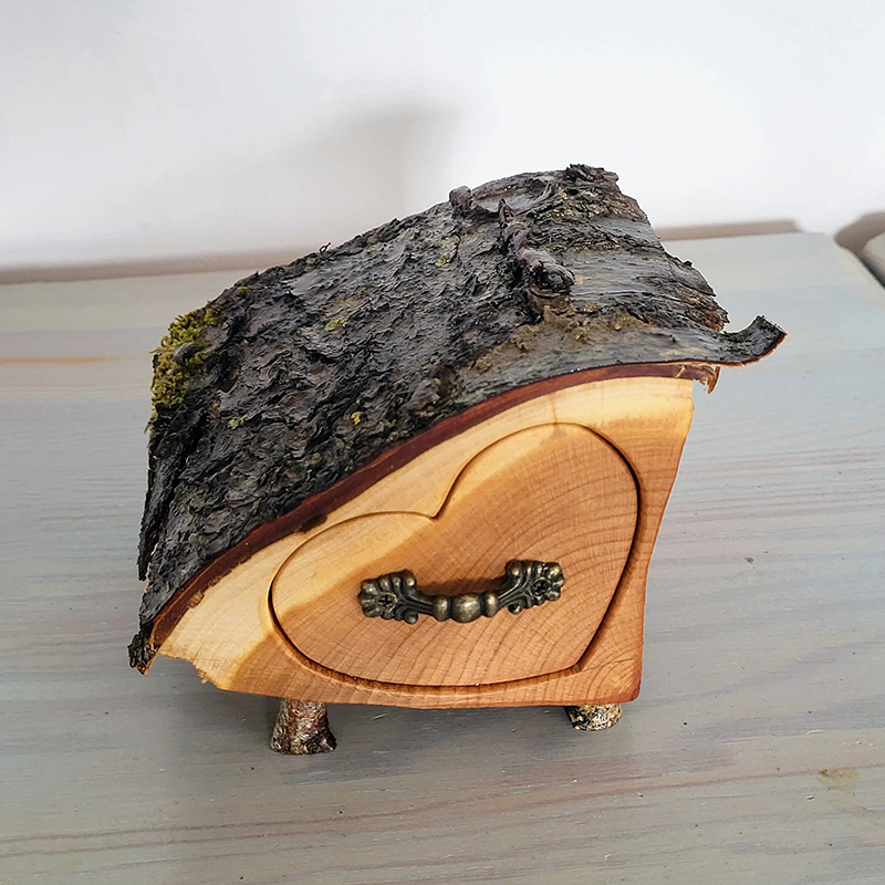 Upcycled cherry Jewelry Box with Bark and Moss