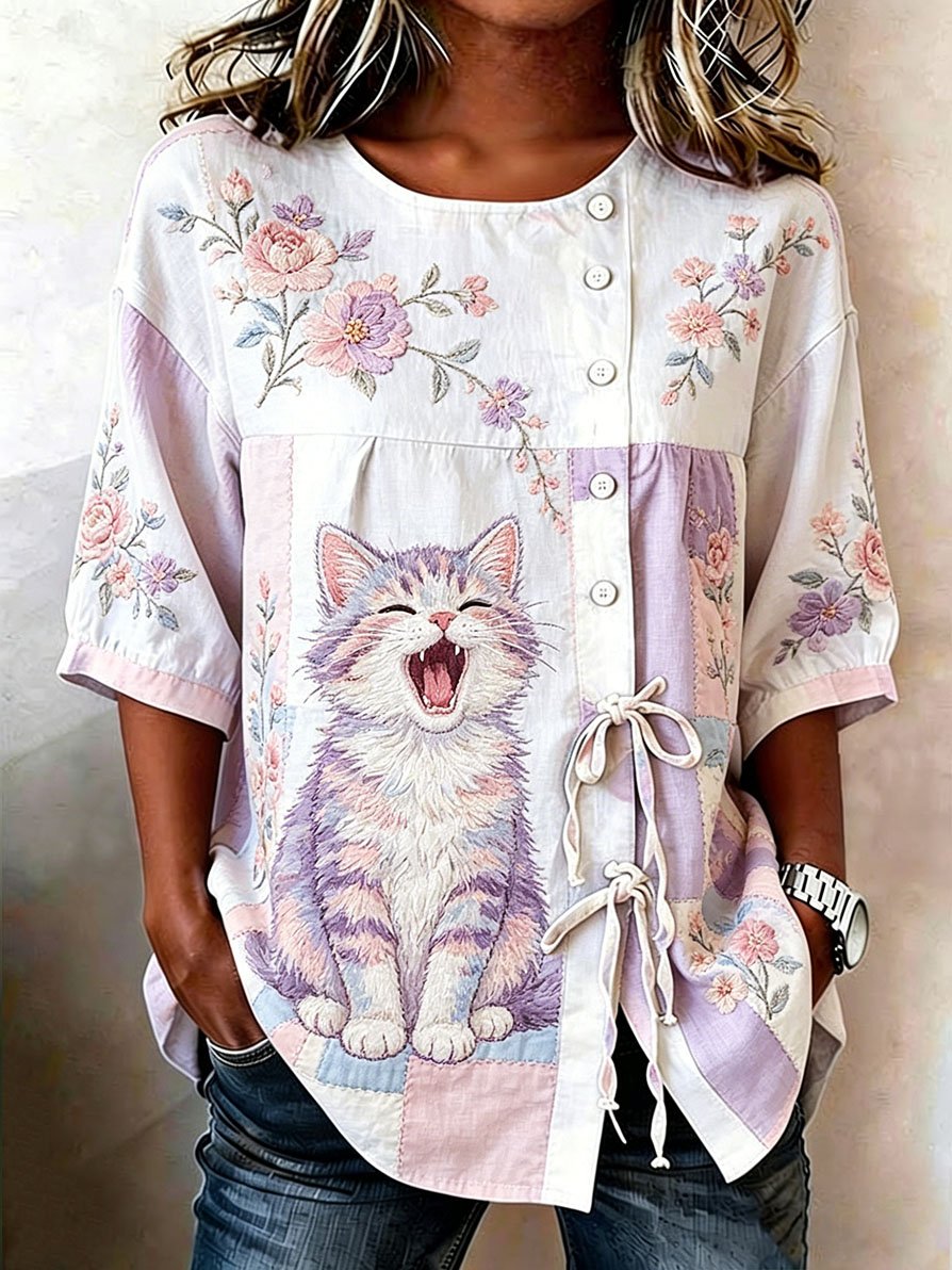 Women's Denim Cat Portrait Patchwork Art Print Casual 