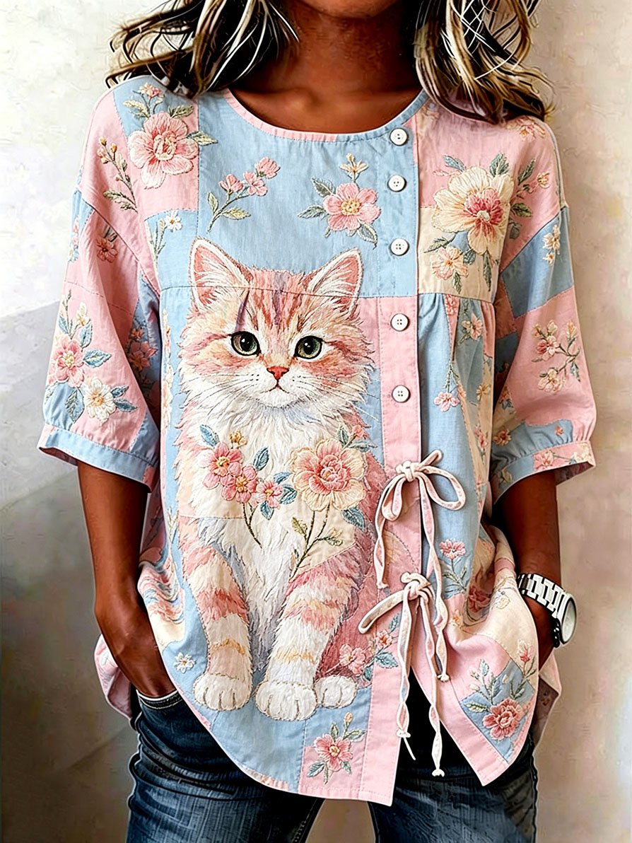 🐱Women's Denim Cat Portrait Patchwork Art Print Casual Top