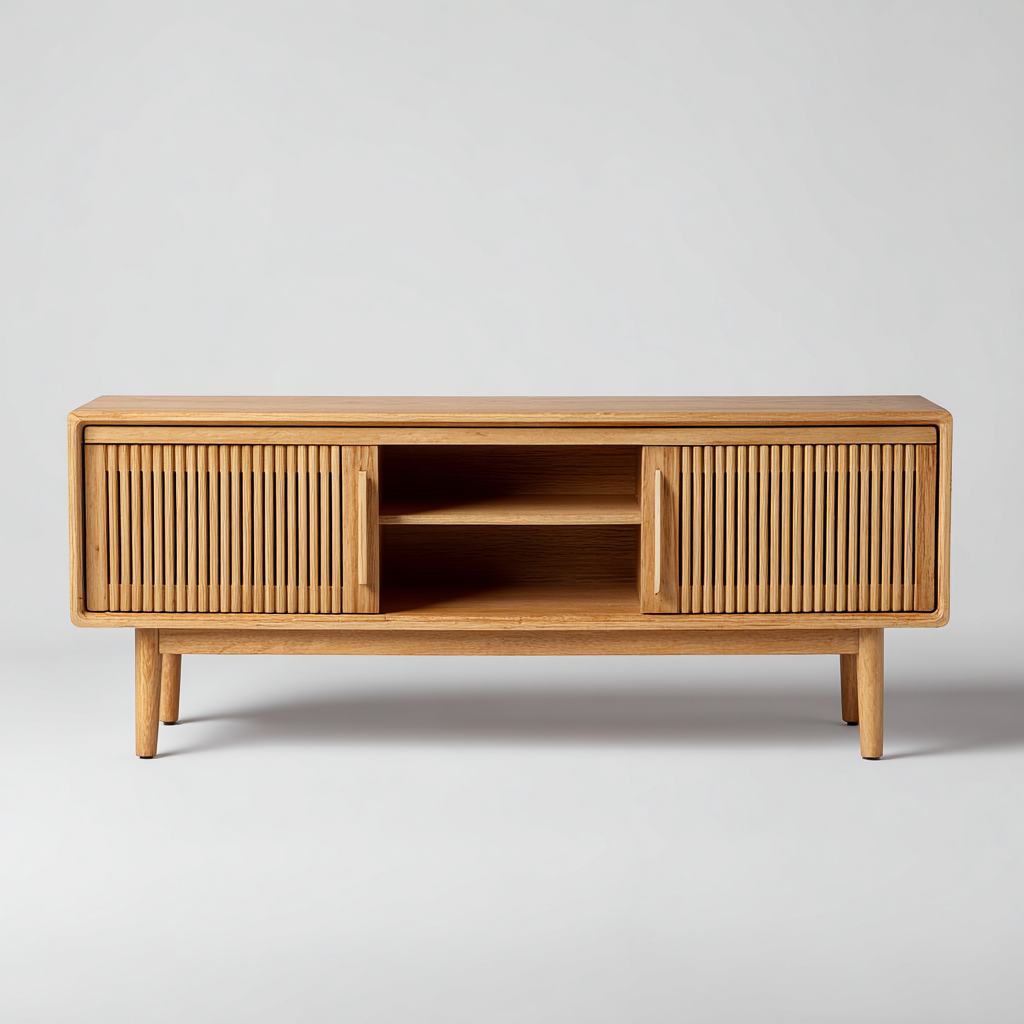 Mueble de TV 140x40x55 cm madera roble claro con puertas de listones - diseño moderno-Homiuply