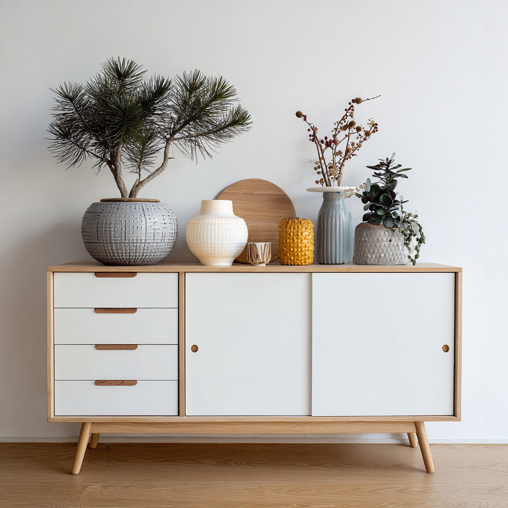 Cómodas cajonera de madera 150x45x85 cm - blanco y madera - diseño escandinavo con cajones y puertas correderas-Homiuply