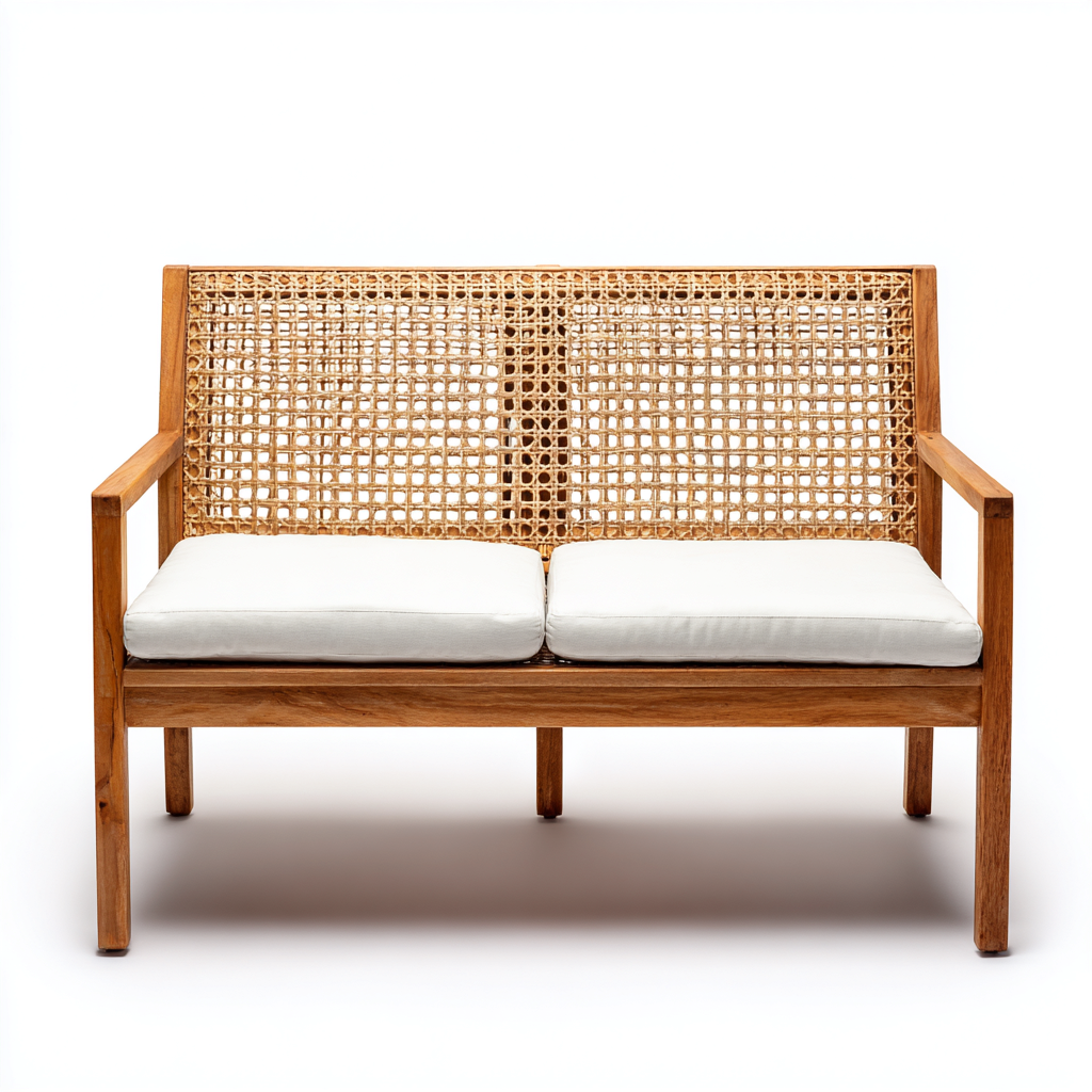 Sofá de jardín madera maciza y respaldo de ratán 125x70x82 cm - blanco - estilo natural-Homiuply