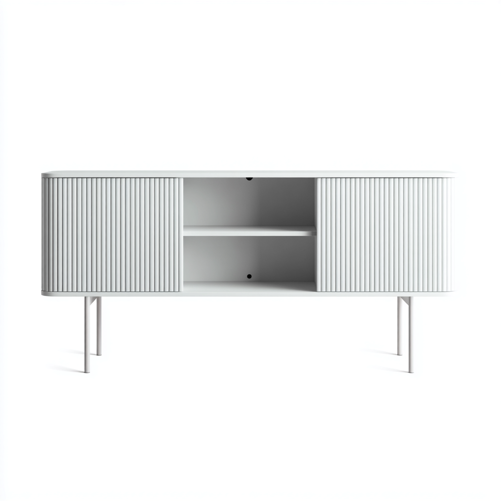 Mueble de TV 150x40x70 cm blanco con puertas acanaladas - diseño moderno-Homiuply