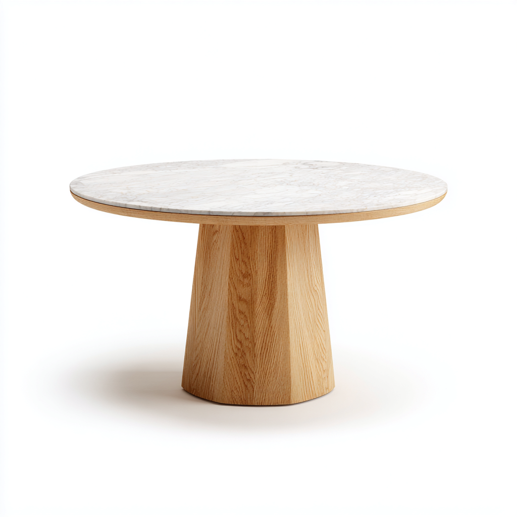 Mesa de comedor mármol-madera 120x120x75 cm - blanco-madera natural - diseño moderno - apta para comedor-Oakuply
