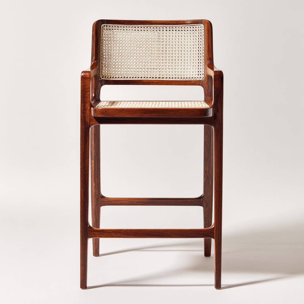 Taburete de bar madera y ratán 42x45x104 cm - marrón-natural - diseño vintage - para cocina-comedor-Oakuply