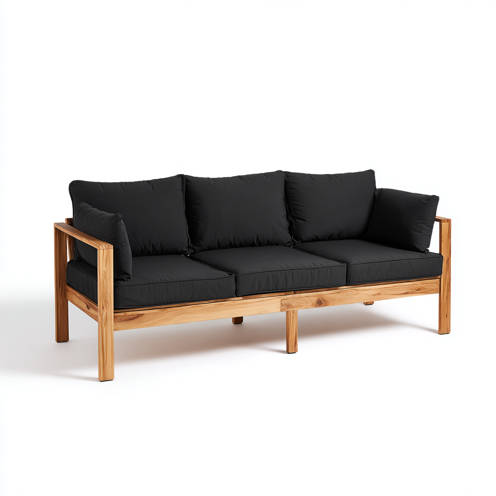 Sofá de jardín madera-tela 210x80x85 cm - natural-negro - diseño moderno-Oakuply