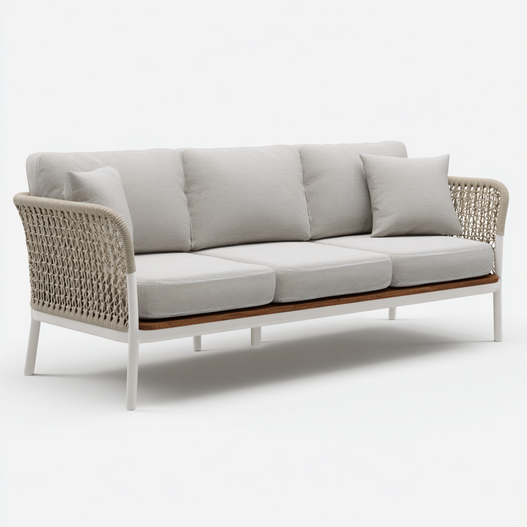 Sofá de jardín cuerda-tela-metal-madera 200x82x84 cm - beige-natural - diseño moderno-Oakuply