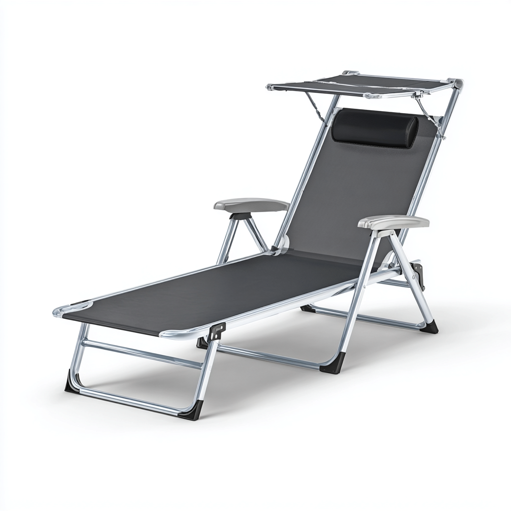 Tumbona de jardín Aluminio-tela 185x60x35 cm - negro-gris - diseño reclinable con parasol ajustable-Oakuply