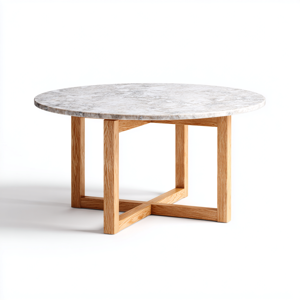Mesa de comedor mármol y madera 135x135x75 cm - blanco-madera - adecuado para comedor - diseño moderno-Oakuply