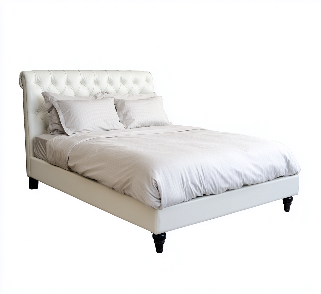 Cama matrimonial tapizada de cuero sintético capitoné - 200x160x50 cm - blanco - apta para dormitorio - diseño clásico moderno-Oakuply