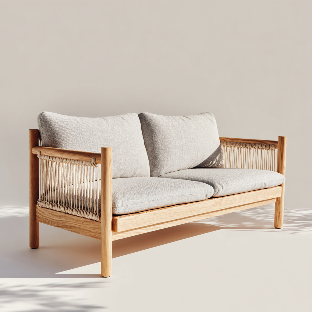 Sofá de jardín madera-cuerda-tela 165x72x78 cm - madera natural-gris claro - estilo contemporáneo-Oakuply