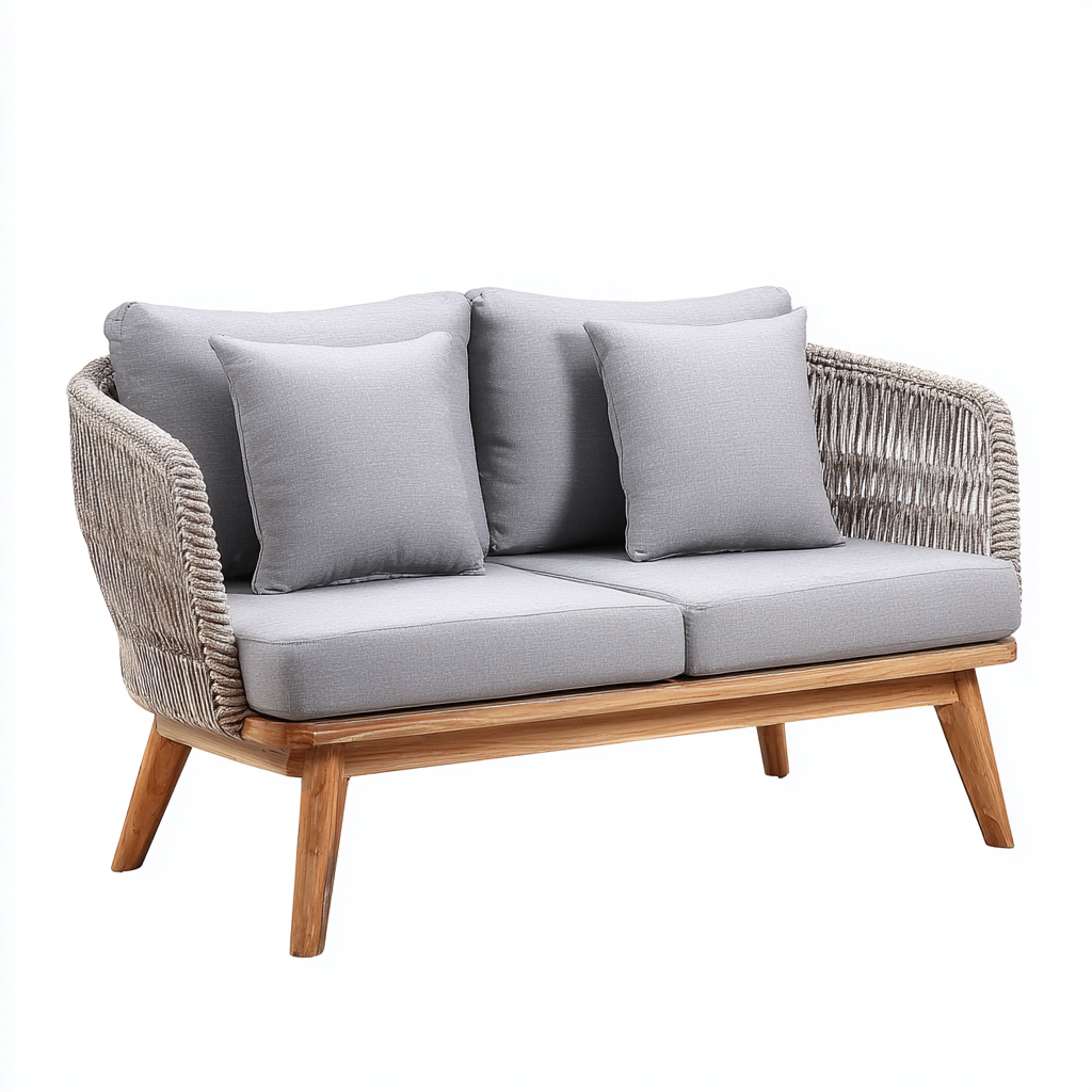 Sofá de jardín madera-cuerda-tela 135x75x80 cm - gris - diseño moderno-Oakuply