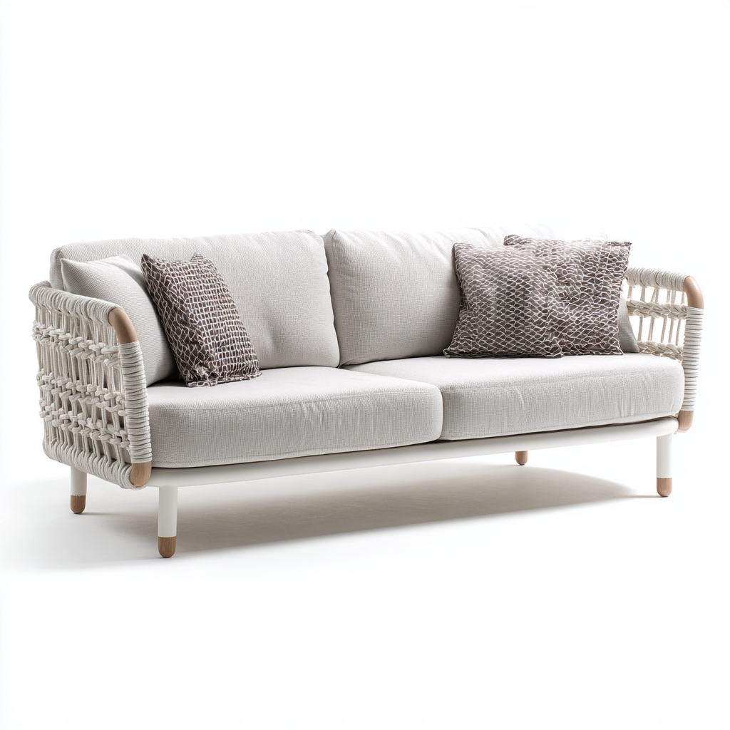 Sofá de jardín cuerda-tela-metal-madera 198x82x84 cm - beige-natural - diseño moderno-Oakuply