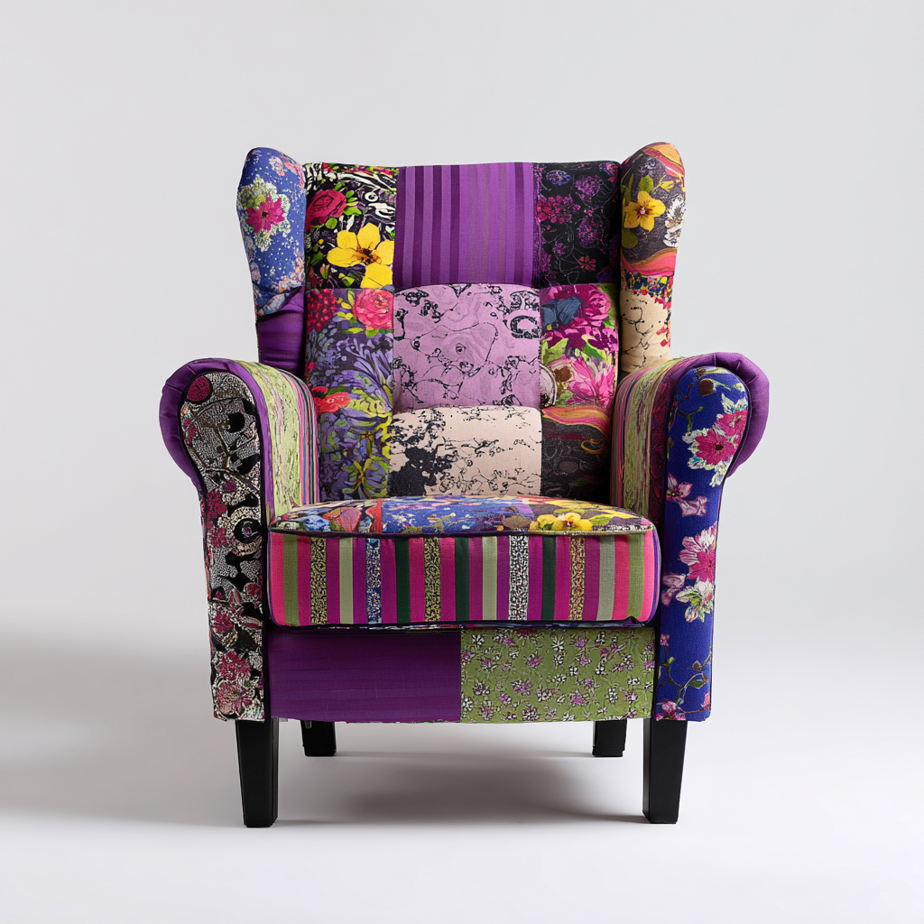 Sillón tapizado tela patchwork 88x78x105 cm - multicolor - diseño artístico - para salón-Oakuply