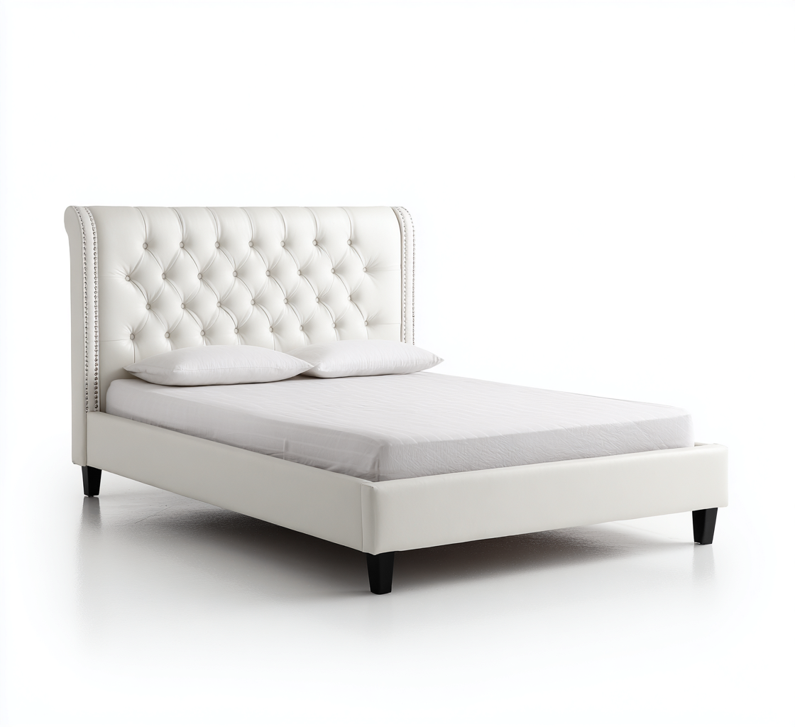 Cama matrimonial tapizada 200x160x50 cm - piel sintética-madera - blanco-negro - diseño clásico para dormitorio-Oakuply