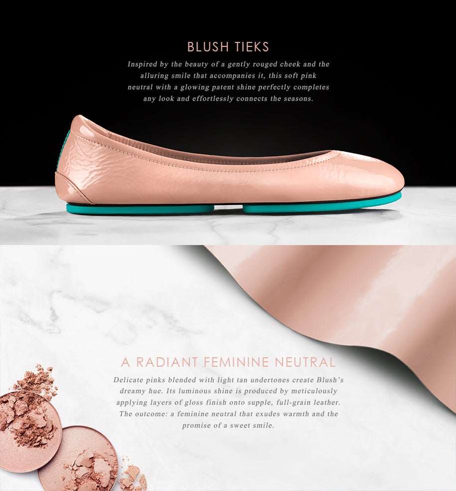 A Blush Tieks flat in glossy pale pink leather displayed on a marble surface, accompanied by soft pink makeup powder and a swatch of leather, illustrating the shoe&rsquo;s luminous, feminine tone and polished finish.