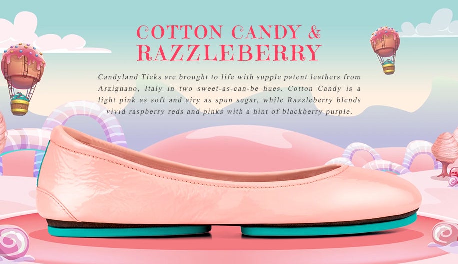 A Cotton Candy Tieks flat in glossy light pink leather displayed in a whimsical candy-colored landscape with hot air balloons and pastel swirls, evoking a playful &ldquo;Candyland&rdquo; theme.