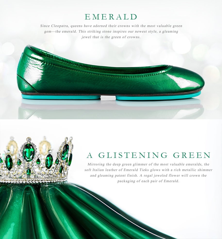 An Emerald Tieks flat in glossy green patent leather with displayed against a white background. Below, a jeweled emerald crown rests atop flowing emerald green patent leather, symbolizing regal luxury and timeless elegance.