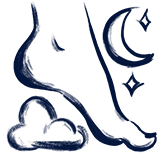 An illustration of a foot stepping on a cloud, next to a moon and stars.