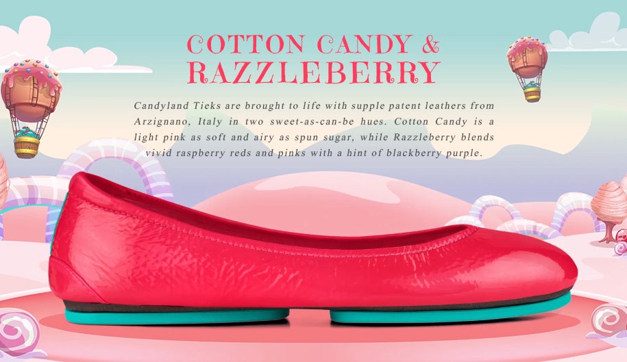 A Razzleberry Tieks flat in glossy raspberry pink leather displayed in a whimsical candy-colored landscape with hot air balloons and pastel swirls, evoking a playful &ldquo;Candyland&rdquo; theme.