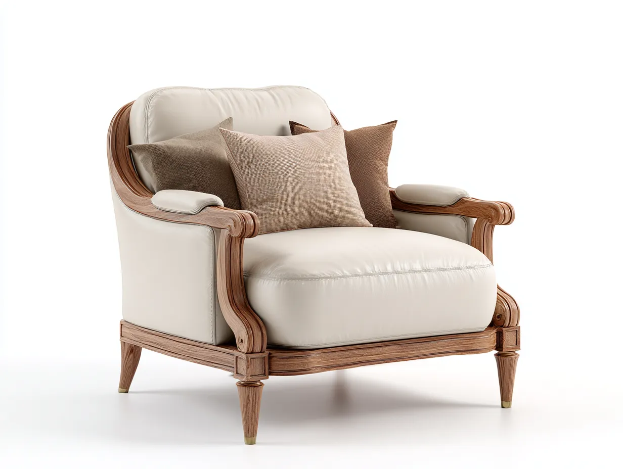 Stoffsessel-Leder-Holz-90x95x85 cm-Elfenbein-Luxuriöses Design-Casamyhub