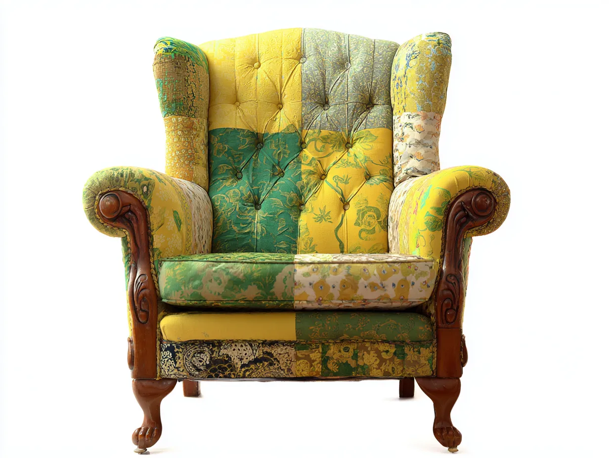 Stoffsessel-Stoff-Holz-88x82x104 cm-gelb-grün-bunt-Vintage Patchwork Design-Casamyhub