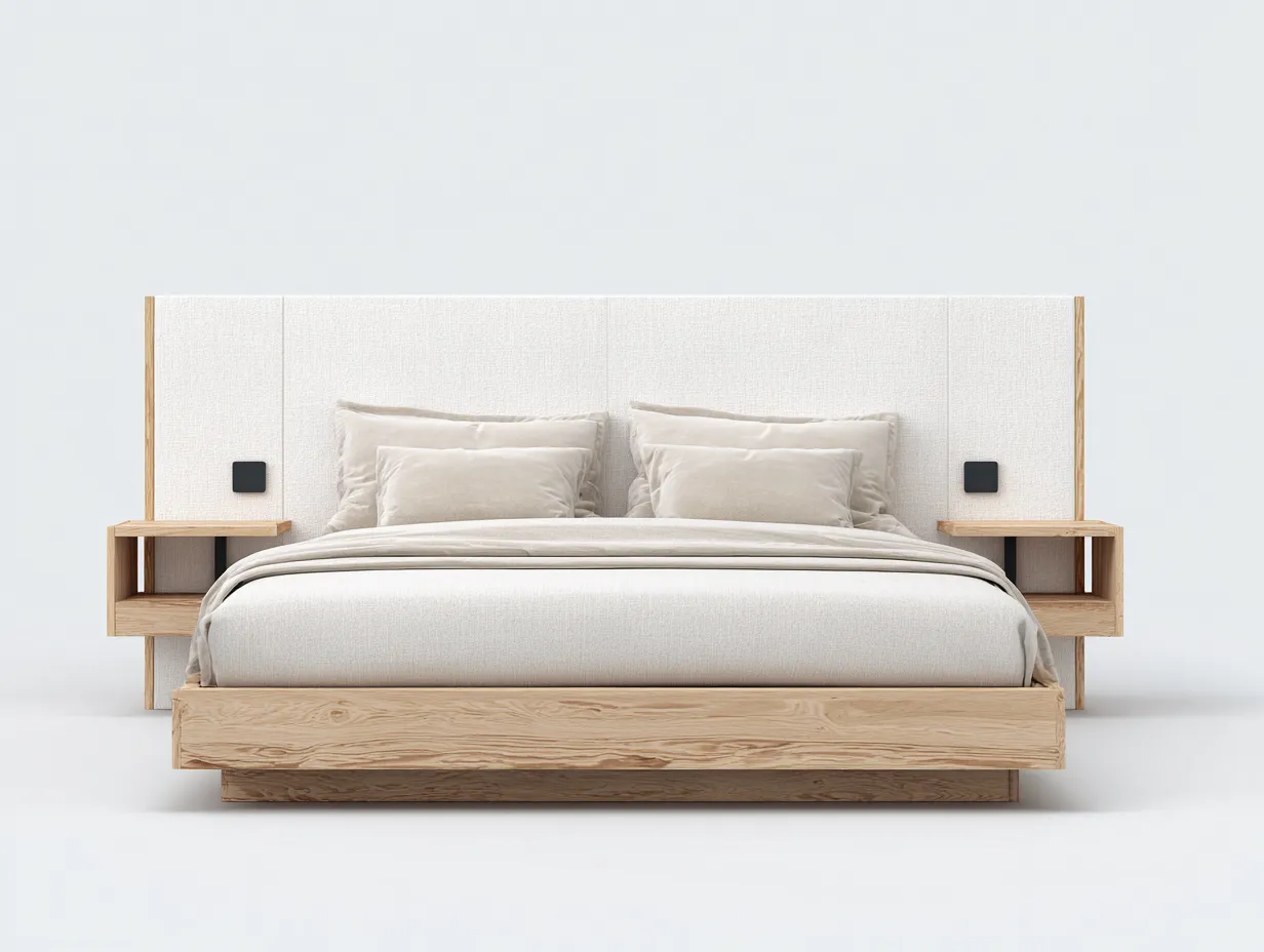 Doppelbett-Holz-Stoff-218 x 198 x 104 cm-Natur-Beige-Skandinavischer Stil-Casamyhub