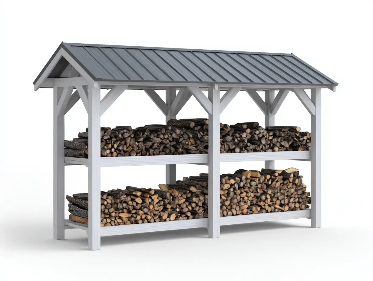 Kaminholzregal-Holz-Metall-224x64x168 cm-Weiß-Grau-Landhausstil-Bamboouphaus