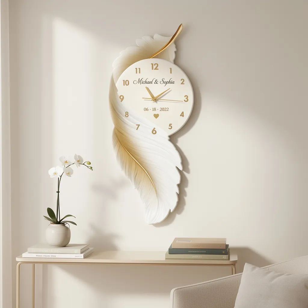 Personalized feather wall clocks, customizable with names and dates—perfect for couples or families as commemorative clocks.