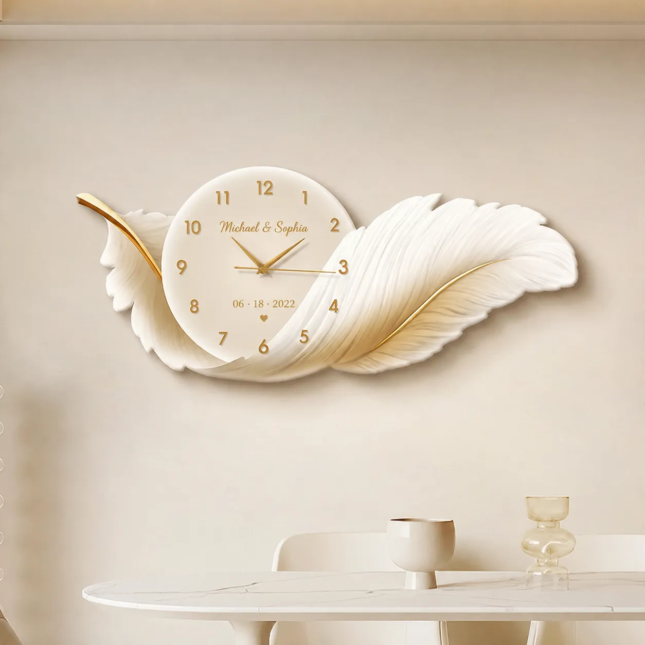 Personalized feather wall clocks, customizable with names and dates—perfect for couples or families as commemorative clocks.