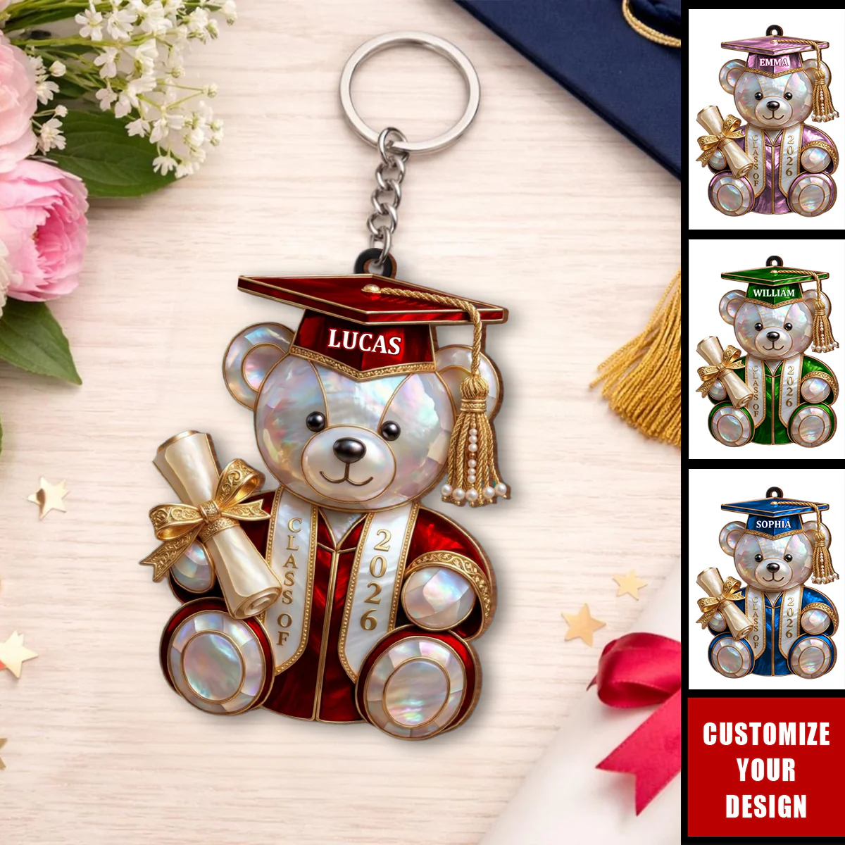 "Proud Graduate" Personalized Graduation Bear Keychain