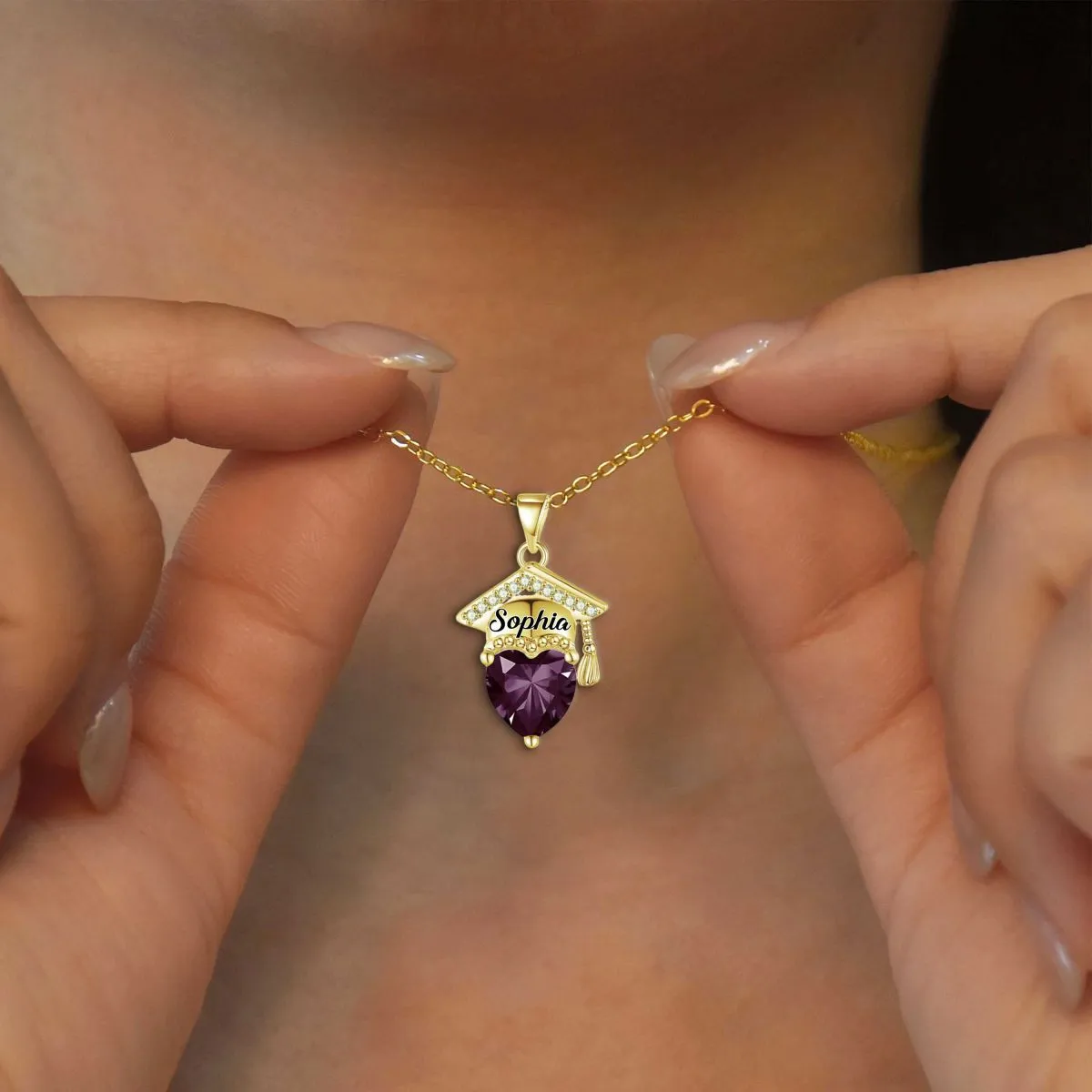 Personalized Graduation Cap Heart Birthstone Necklace, Graduation Gift for Class of 2026 Graduates