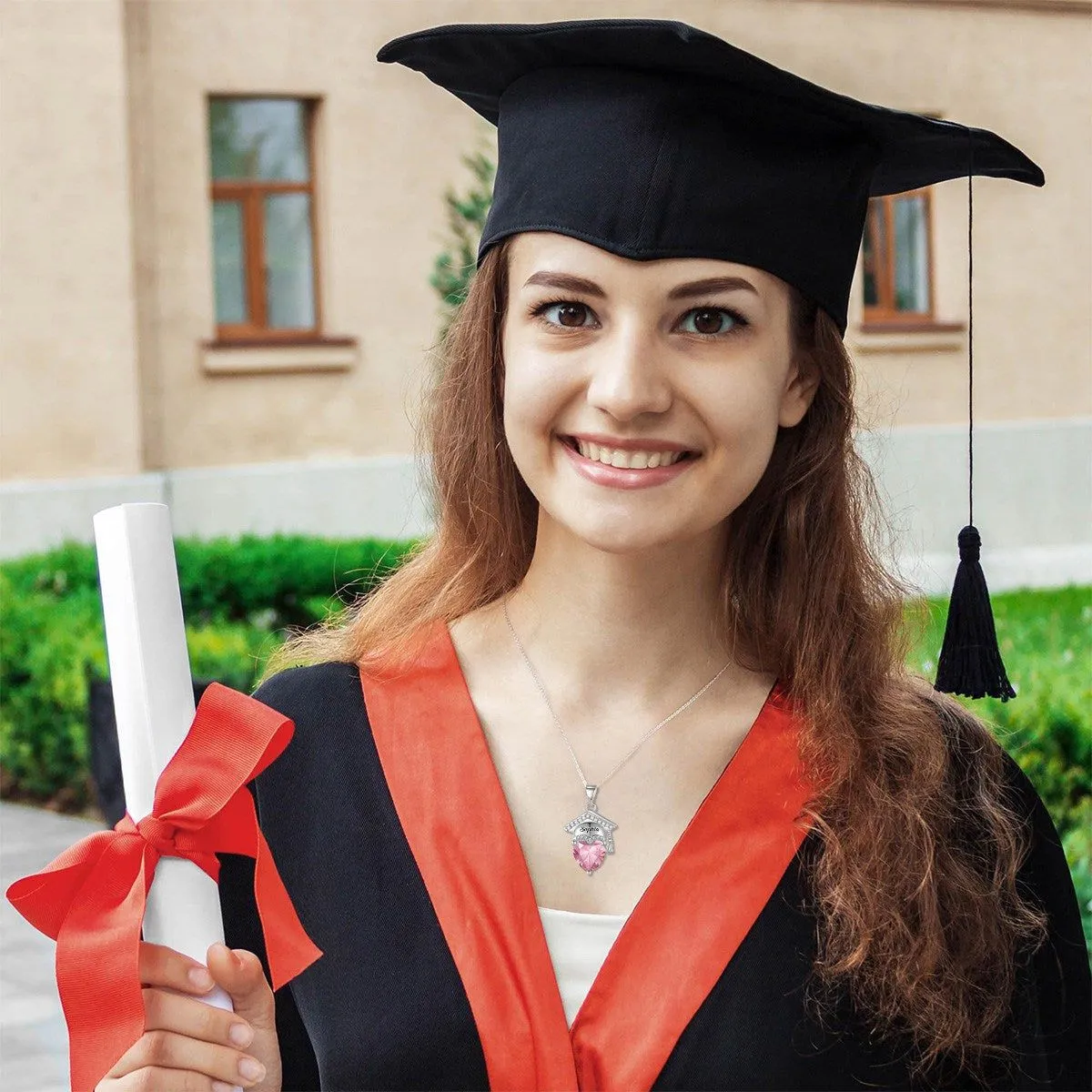 Personalized Graduation Cap Heart Birthstone Necklace, Graduation Gift for Class of 2026 Graduates