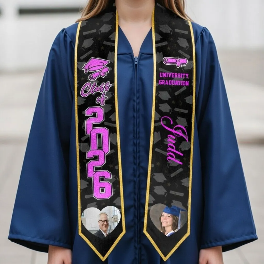 Graduation stoles for the Class of 2026, customizable with names and photos.
