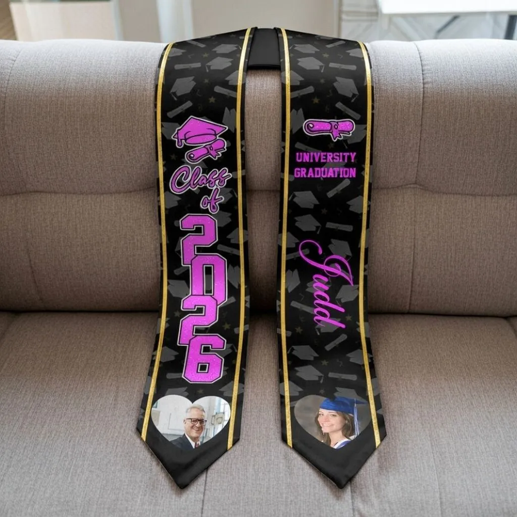 Graduation stoles for the Class of 2026, customizable with names and photos.