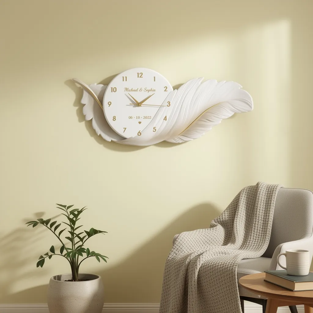 Personalized feather wall clocks, customizable with names and dates—perfect for couples or families as commemorative clocks.